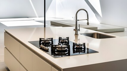 Modern white kitchen countertop with gas stove and sink for mockup, 3D rendering