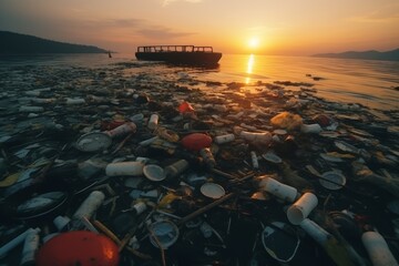 Close-up View of Plastic Waste and Bottles Polluting the Pristine Beach During a Breathtaking Sunset, Illustrating an Alarming Environmental Crisis and Urgent Call for Conservation Efforts