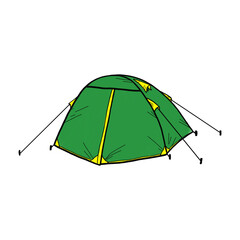 Bright summer sketch illustration of a green tent on a white transparent background. Outline illustration hand drawn