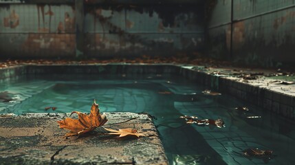 An abandoned swimming pool with a single leaf floating on the water. The pool is surrounded by concrete walls and the water is a murky green color.