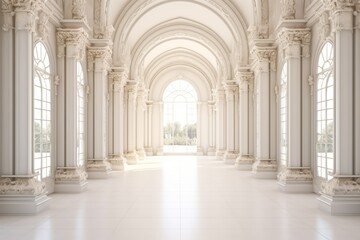 Fototapeta premium Bright light shines through the arched windows of a grand empty hall with white marble columns and glistening tile floors, creating a mesmerizing play of light and shadow.