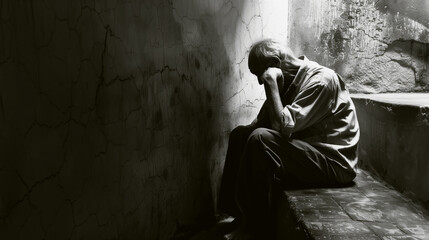 Monochrome image of an elderly man sitting dejectedly in a corner of a dilapidated room, covering his face.