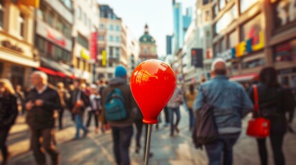 Fototapeta premium A red balloon on top of a parking meter in a busy street