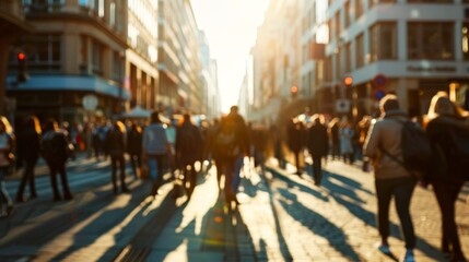 Blurred crowd of people walking down a street in downtown