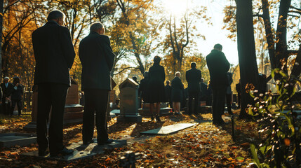 A solemn gathering of people at a funeral service in a cemetery during autumn, with sunlight filtering through trees.