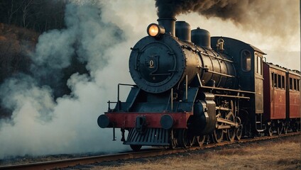 Obraz premium A vintage steam locomotive puffing smoke