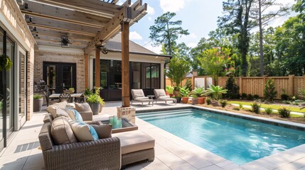 Obraz premium Outdoor patio with swimming pool and lounge chairs. Northwest, USA.