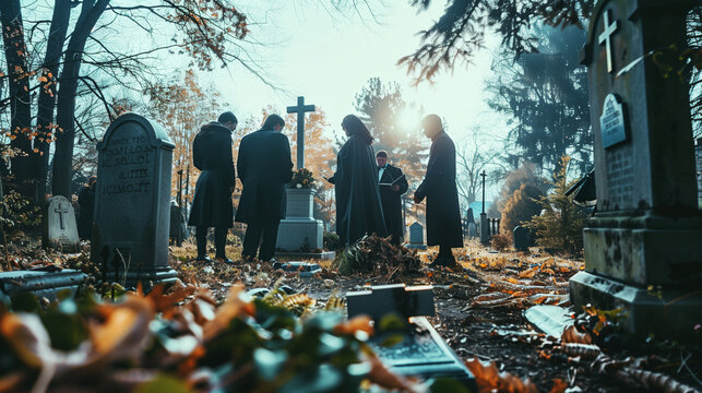Mourners at a graveside service in a cemetery with autumn leaves scattered on the ground.