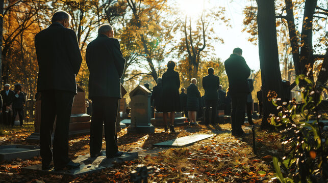 A solemn gathering of people at a funeral service in a cemetery during autumn, with sunlight filtering through trees.