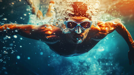 Dynamic underwater image of a male swimmer with goggles swimming swiftly through water.