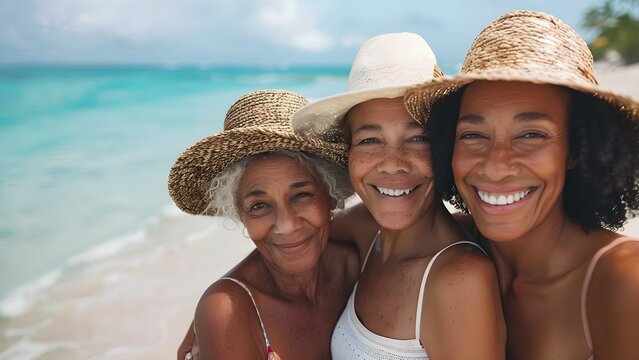 Three generations of women embrace on a beach enjoying a peaceful moment. Concept Family, Generations, Love, Beach, Serenity
