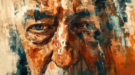 A portrait of creative realistic painting of old middle aged man with wrinkled face and was painted with brown brush. Represent emotional of upset, sorrow, unhappy. Modern impressionist art. AIG42.