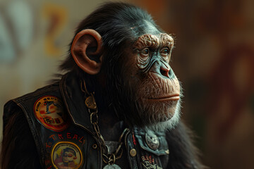 chimpanzee wearing motorcycle jacket