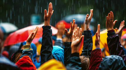 A diverse crowd of people with raised hands under the rain, showcasing unity or celebration.