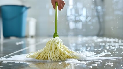 Squeezing mop by hand before floor cleaning. Concept Household Cleaning, Floor Maintenance, Cleaning Hacks, Mop Techniques, Home Hygiene
