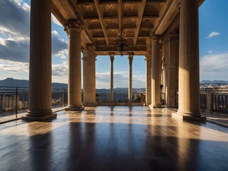 Discover a space of architectural magnificence, characterized by majestic columns and a vast window that bathes the room in natural light and offers breathtaking vistas