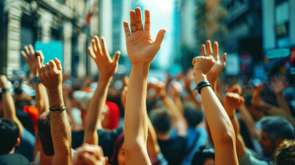 Vibrant image of multiple hands raised in a crowded event, reflecting enthusiasm and participation.