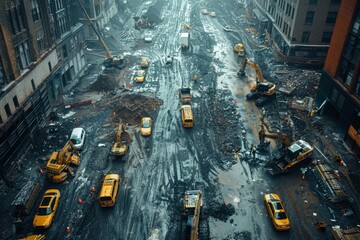 City street with taxis, construction vehicles, and buildings seen from above