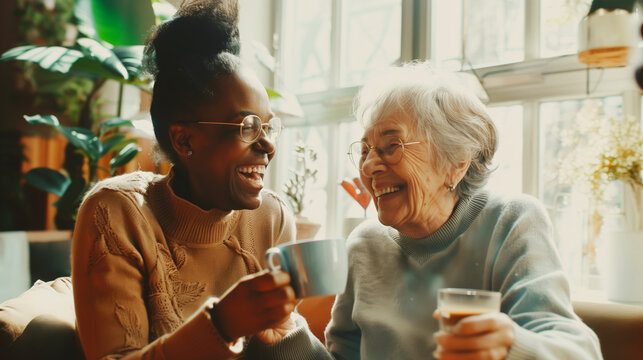 Elderly Caucasian woman and young African woman enjoy a cheerful conversation over drinks in a cozy setting.