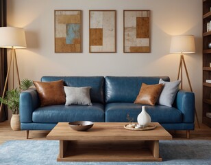 Interior design of modern apartment, blue leather sofa in living room, wooden coffee table