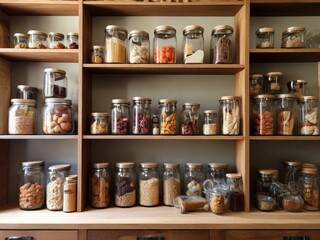 Discover the simplicity of a pantry system featuring glass jars on rustic wooden shelves, combining functionality and eco-awareness for a harmonious storage space.