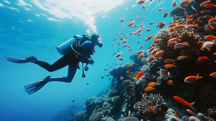 A scuba diver explores a vibrant underwater world teeming with orange fish and coral reefs.