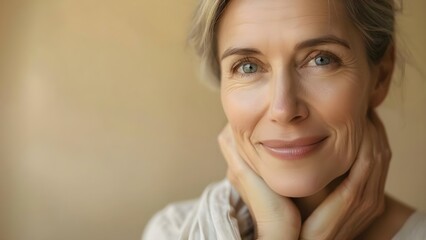 Fototapeta premium Elderly woman confidently showcasing smooth skin and self-love on beige backdrop. Concept Self-love, Confidence, Senior Beauty, Smooth Skin, Beige Backdrop