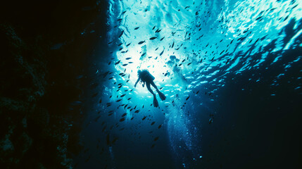A scuba diver explores amid a school of fish under the sea, with sunlight filtering through the water.