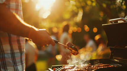 Close-up of a man barbecuing in the outdoor sunlight with people in the background. - obrazy, fototapety, plakaty