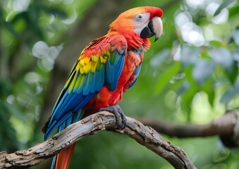 Fototapeta premium Vibrant Scarlet Macaw Parrot Perching on Tree Branch in Lush Greenery