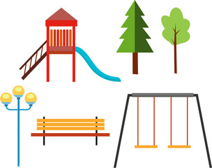 Public park in the city with children playground. Vector illustration.