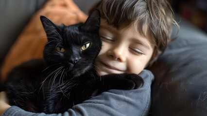 Young boy affectionately embracing his black cat in a stock photo. Concept Cute Kid, Adorable Pet, Loving Embrace, Happy Moments, Cozy Companions