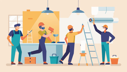 The construction team is now focused on the finishing touches such as installing light fixtures completing plumbing and electrical work and adding. Vector illustration