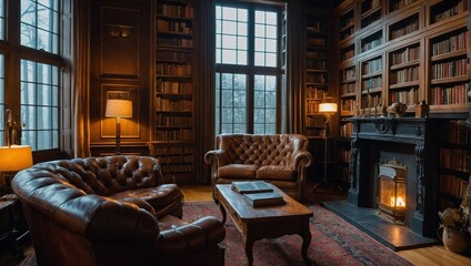 A cozy library with floortoceiling bookshelves filled