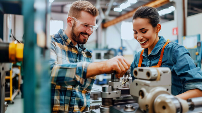 Two smiling engineers, a man and a woman, working together on machinery in an industrial setting.