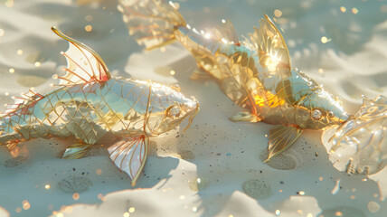Surreal, there are two golden fish made of foil on the sparkling white water, beautiful curves, - obrazy, fototapety, plakaty