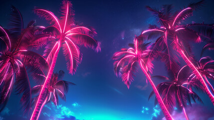 night landscape with neon blue light. Dark neon palm background.