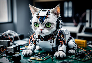 Robot cat has electronic components.The picture shows high technology.