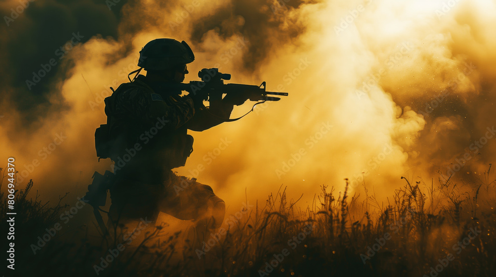 Canvas Prints silhouette of a soldier in action amidst smoke and sunset, aiming a rifle in a grassy field.