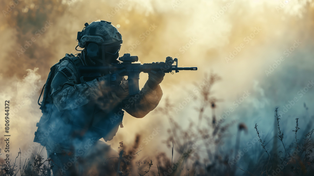 Canvas Prints A soldier in tactical gear aiming a rifle amidst smoke and sunset haze in a rugged terrain.