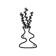 Flower in vase doodle illustration with floral bouquet. Hand drawn cute line art plants in interior. Thin linear drawing for coloring