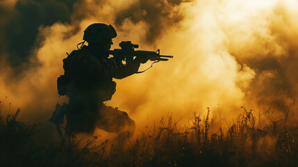 Silhouette of a soldier in action amidst smoke and sunset, aiming a rifle in a grassy field. - Powered by Adobe