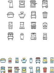 Popcorn maker machine icons set outline vector. Cinema corn. Making cook thin line color flat on white