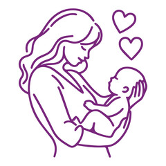 Continuous one-line drawing. A woman is holding her baby, a mother is holding a small child. Vector illustration, happy mother day, vector illustration logo, happy mother's day. happy women's day.