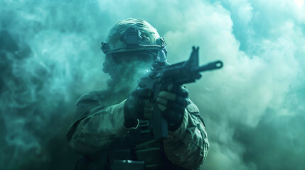 Fototapeta premium A soldier in camouflage gear and helmet, aiming a rifle amidst dense smoke, with a strong green tint.