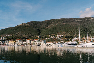 Fototapeta na wymiar Coast of the Lustica bay with colorful houses and yachts at the pier. Montenegro