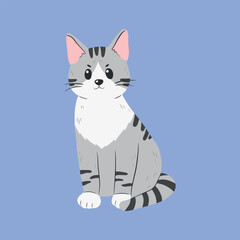 Cartoon grey color tabby adorable cat isolated vector illustration. Cute pet in a sitting pose for web, greeting card, banner, sticker.