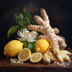 Natural ginger and yellow lemon on the table on a black background