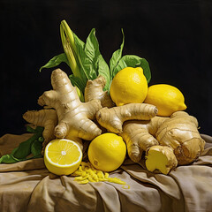 Natural ginger and yellow lemon on the table on a black background