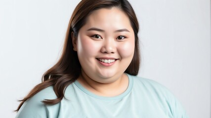 smiling young asian overweight woman studio portrait on plain white background from Generative AI